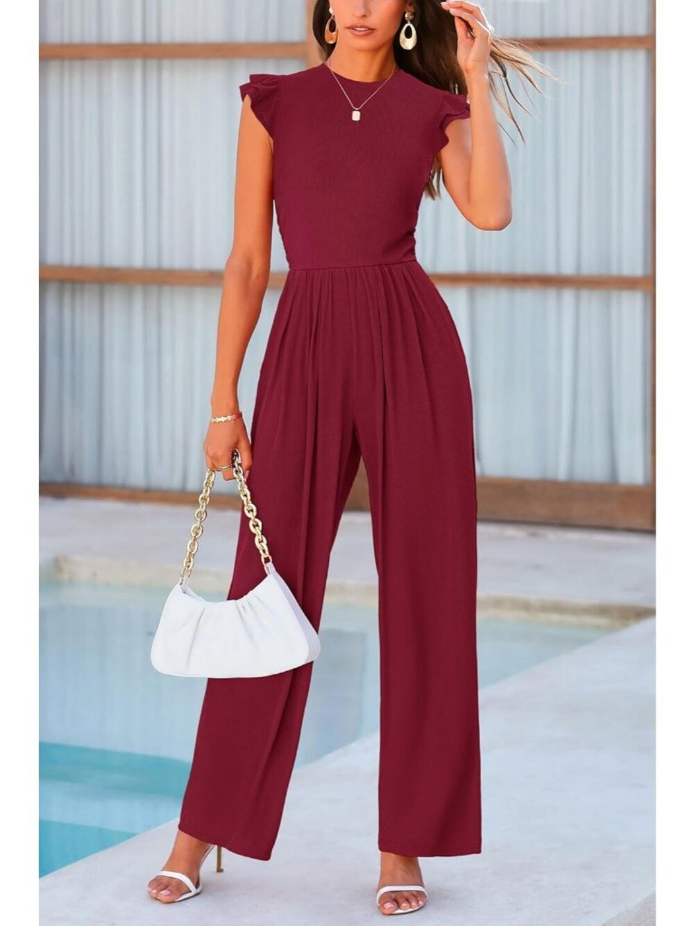 Women's Wine Red Fashion Ruffle Cap Sleeve Crew Neck Rib Knit One Piece Romper - Picture 3 of 6